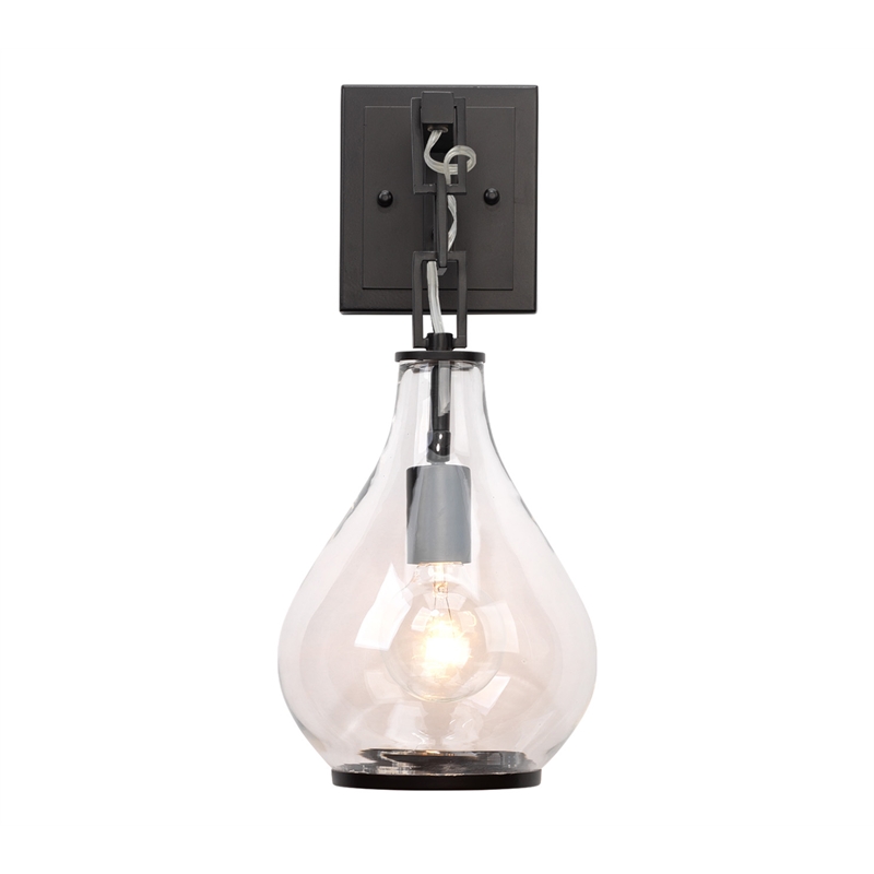 pemberly row 1-light metal & glass drop wall sconce in bronze and clear