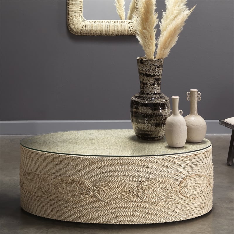 Pemberly Row Oval Coffee Table with Natural Rattan & Glass Top
