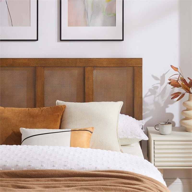 Pemberly Row King Platform Bed with Rattan Headboard in Walnut Finish