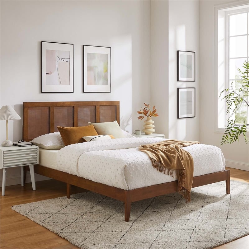 Pemberly Row King Platform Bed with Rattan Headboard in Walnut Finish