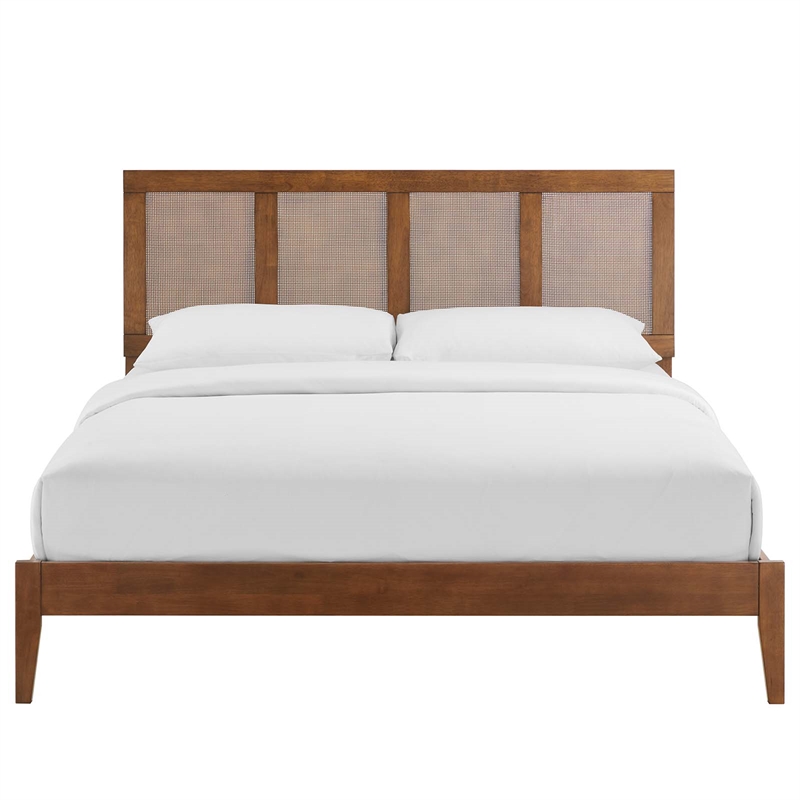 Pemberly Row King Platform Bed with Rattan Headboard in Walnut Finish