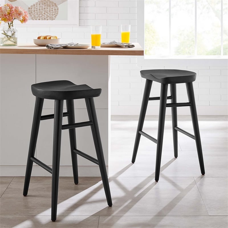 Pemberly Row Set of 2 Backless Mango Wood Counter Stools in Black
