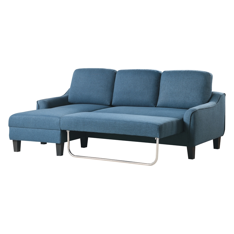 Pemberly Row Chaise Sleeper Sofa in Blue Upholstery with Black Legs