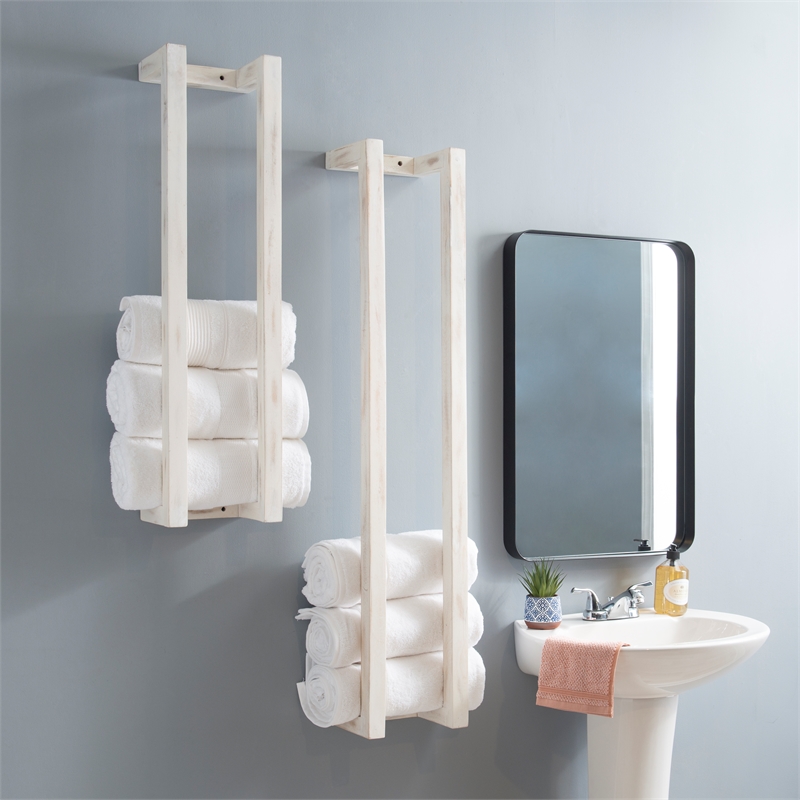 Pemberly Row Mango Wood Towel Rack Set in Rustic White Finish