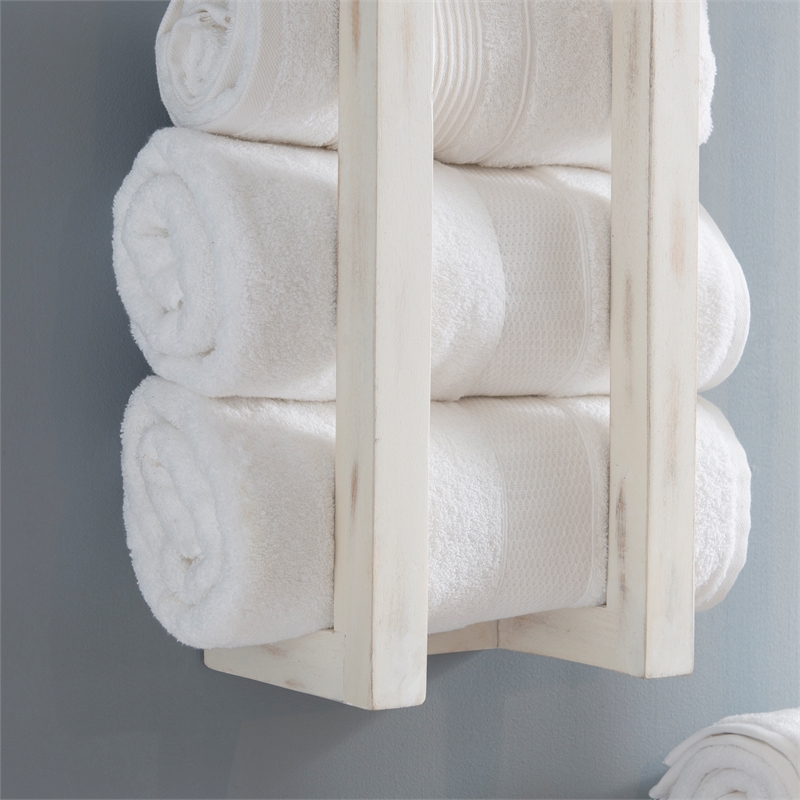 Pemberly Row Mango Wood Towel Rack Set in Rustic White Finish