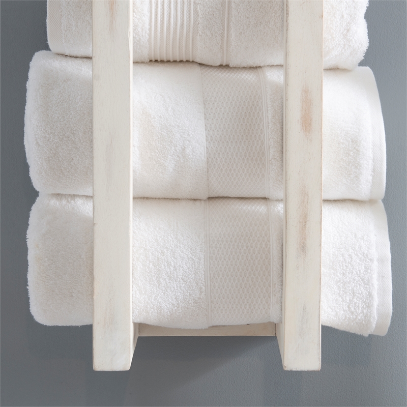 Pemberly Row Mango Wood Towel Rack Set in Rustic White Finish