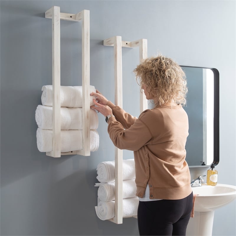 Pemberly Row Mango Wood Towel Rack Set in Rustic White Finish
