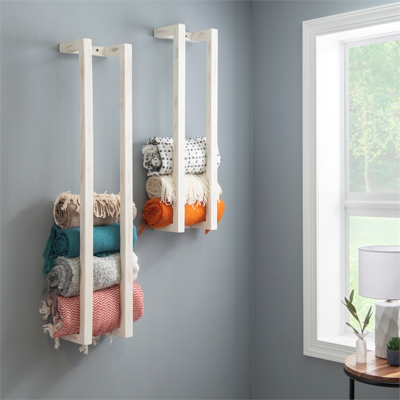 Pemberly Row Mango Wood Towel Rack Set in Rustic White Finish
