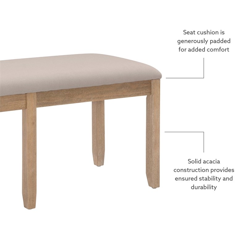 Pemberly Row Backless Acacia Bench with Upholstered Seat in Washed Gray