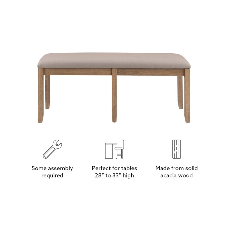 Pemberly Row Backless Acacia Bench with Upholstered Seat in Washed Gray
