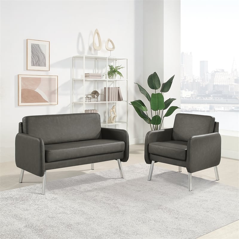 Pemberly Row Lounge Chair in Smoke Faux Leather with Chrome Legs
