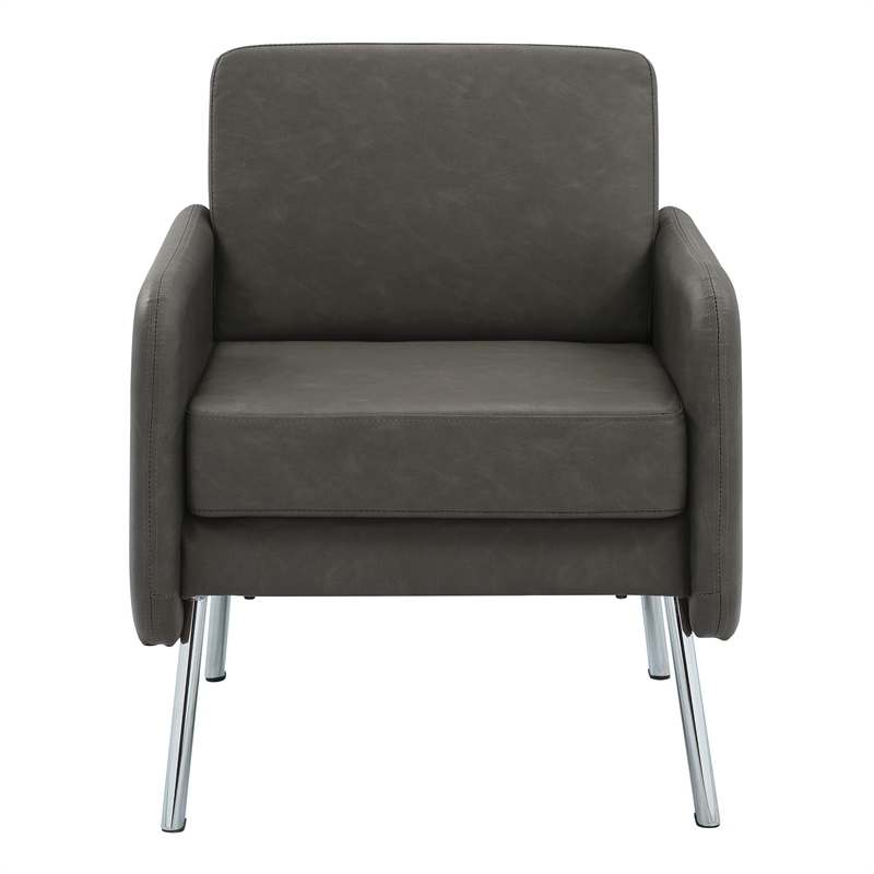 Pemberly Row Lounge Chair in Smoke Faux Leather with Chrome Legs