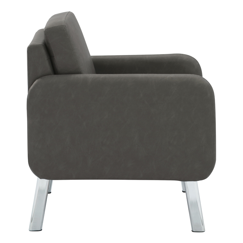 Pemberly Row Lounge Chair in Smoke Faux Leather with Chrome Legs