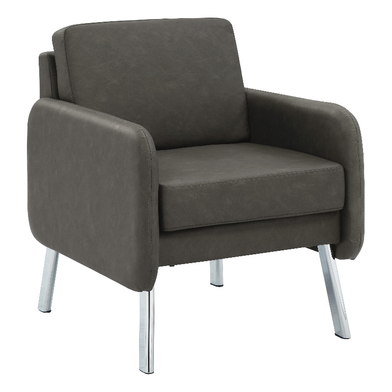 Pemberly Row Lounge Chair in Smoke Faux Leather with Chrome Legs