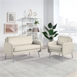 Pemberly Row Lounge Loveseat in Cream Faux Leather with Chrome Legs