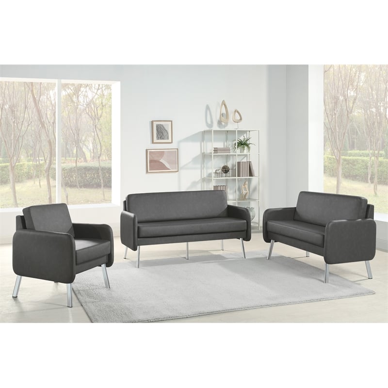 Pemberly Row Lounge Sofa in Smoke Faux Leather with Chrome Legs