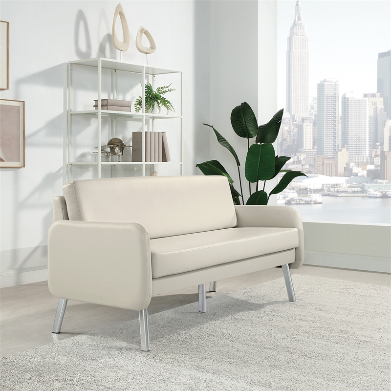 Pemberly Row Lounge Sofa in Cream Faux Leather with Chrome Legs