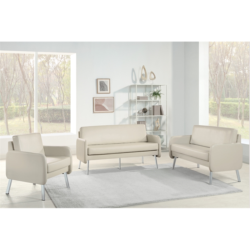 Pemberly Row Lounge Sofa in Cream Faux Leather with Chrome Legs