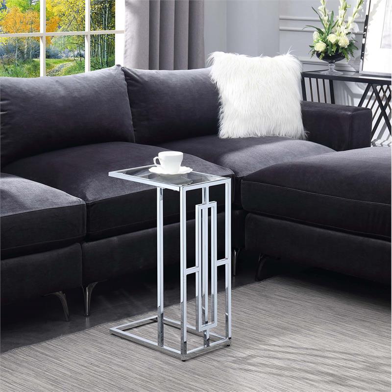 Pemberly Row Chrome C Table with Clear Tempered Glass Top
