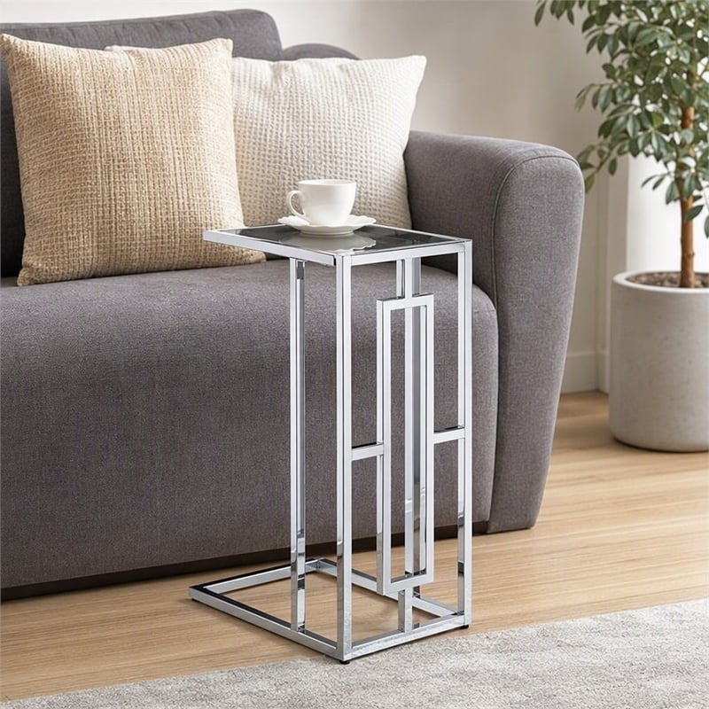 Pemberly Row Chrome C Table with Clear Tempered Glass Top