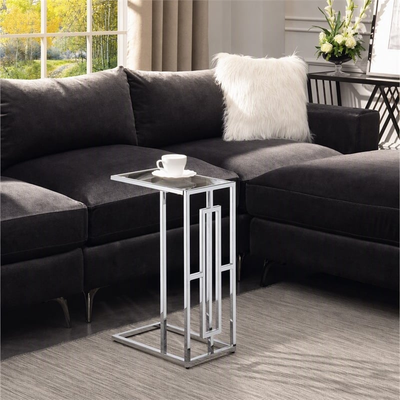 Pemberly Row Chrome C Table with Clear Tempered Glass Top