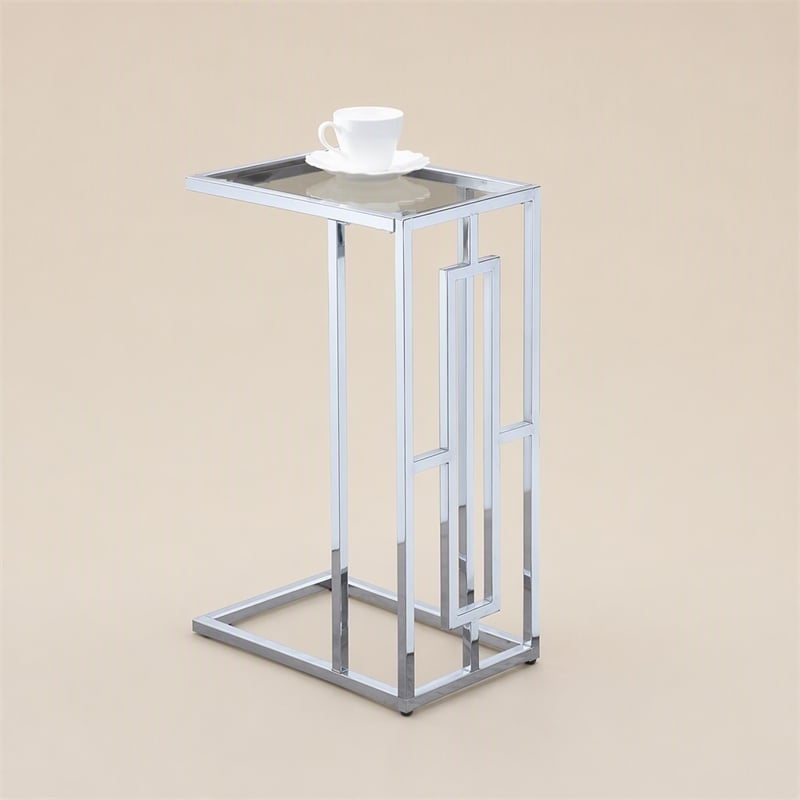 Pemberly Row Chrome C Table with Clear Tempered Glass Top