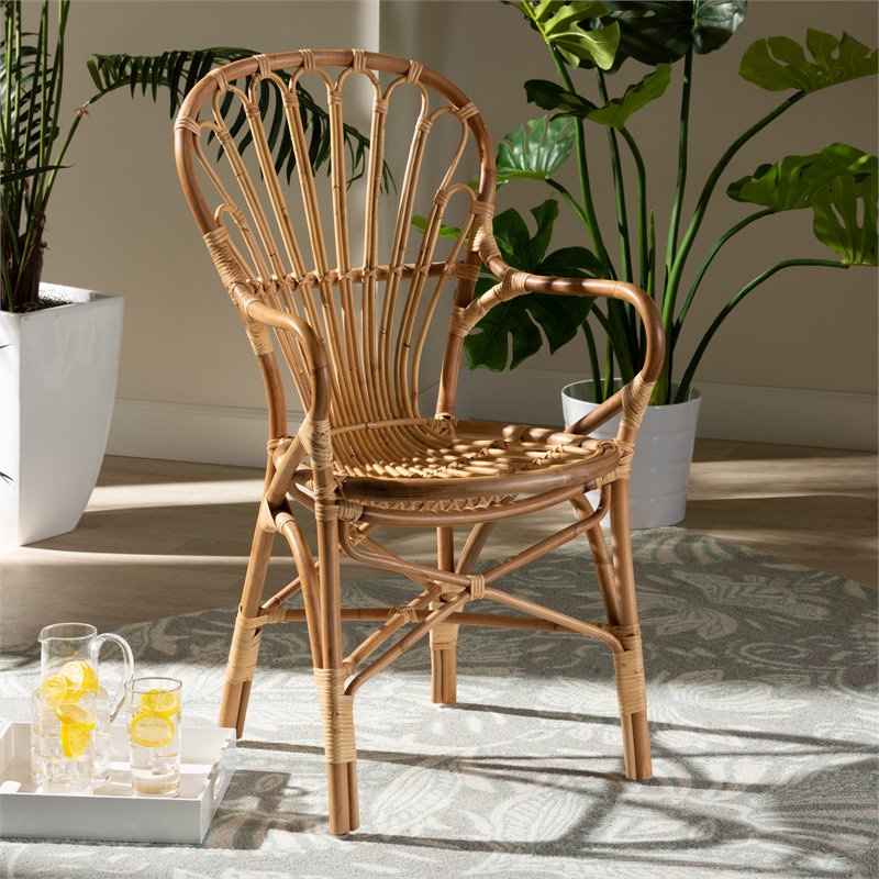 Pemberly Row Natural Rattan Armchair with Curved Arms and Angled Legs