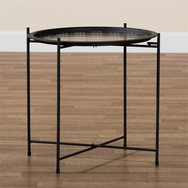 Pemberly Row Black Metal Plant Stand with Floral Pattern Top