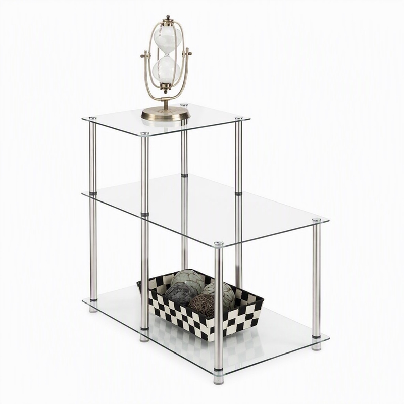 Pemberly Row Three-Tier End Table in Tempered Clear Glass and Steel