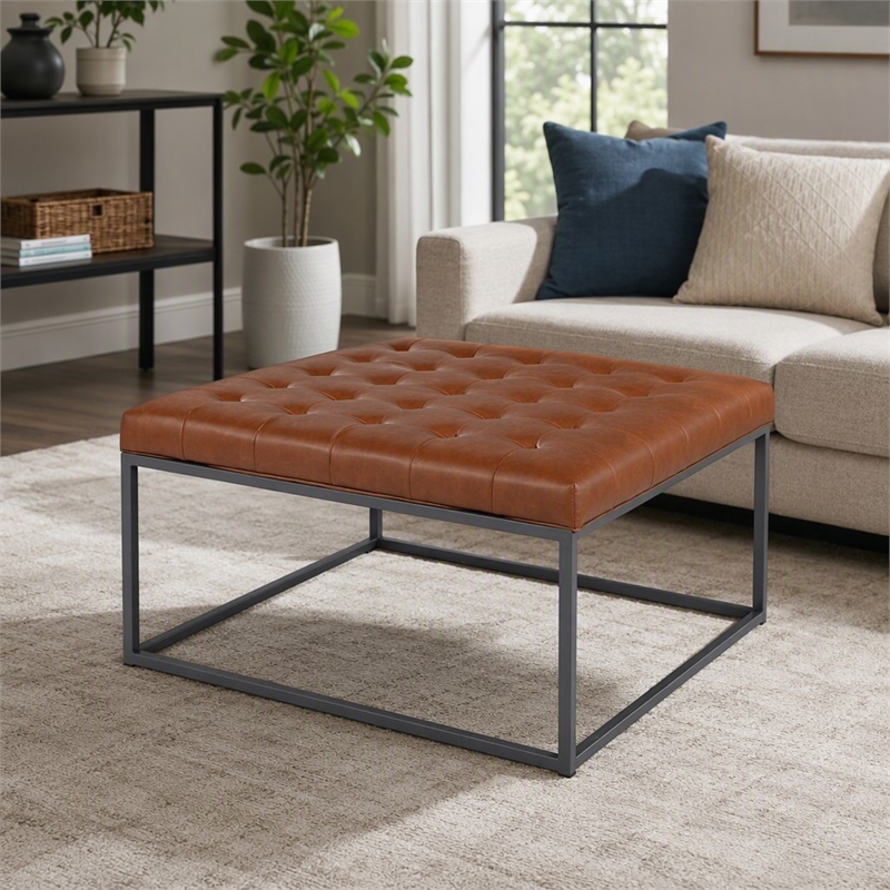 Pemberly Row Leather Upholstered Cocktail Ottoman in Brown and Gray