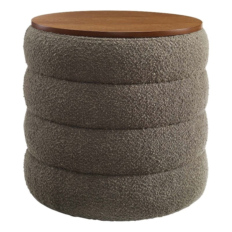 Pemberly Row Round Boucle Storage Ottoman in Pebble Fabric