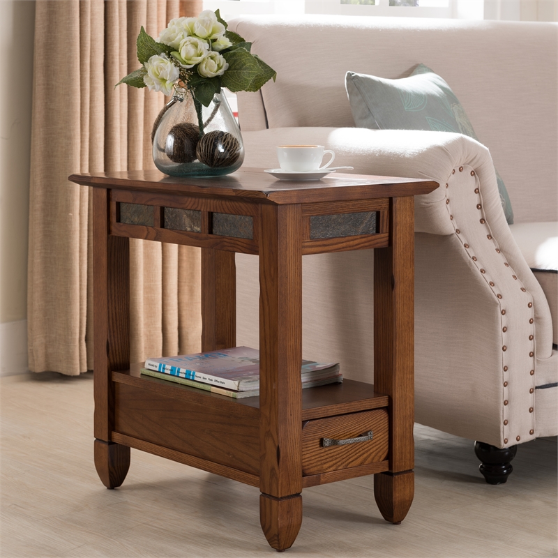 Pemberly Row Chairside End Table with Drawer in Rustic Oak