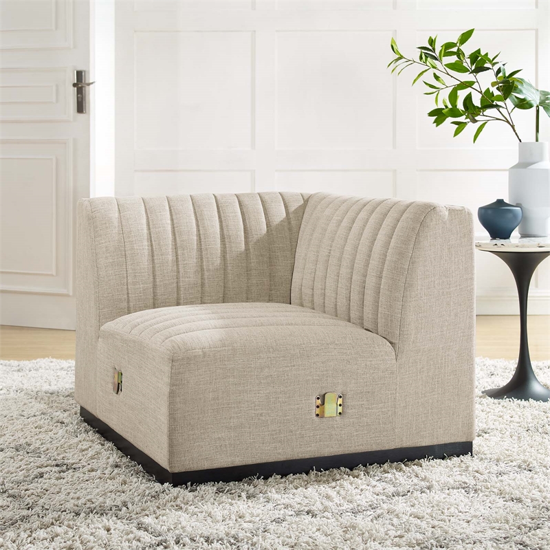 Pemberly Row Modern Channel Tufted Left Corner Chair in Beige Textile