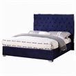 Pemberly Row Tufted East King Velour Platform Bed with Slats in Blue