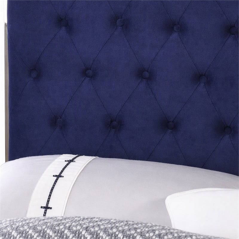 Pemberly Row Tufted East King Velour Platform Bed with Slats in Blue