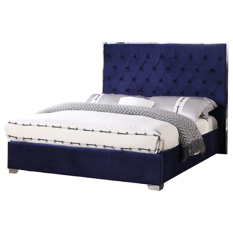 Pemberly Row Tufted East King Velour Platform Bed with Slats in Blue