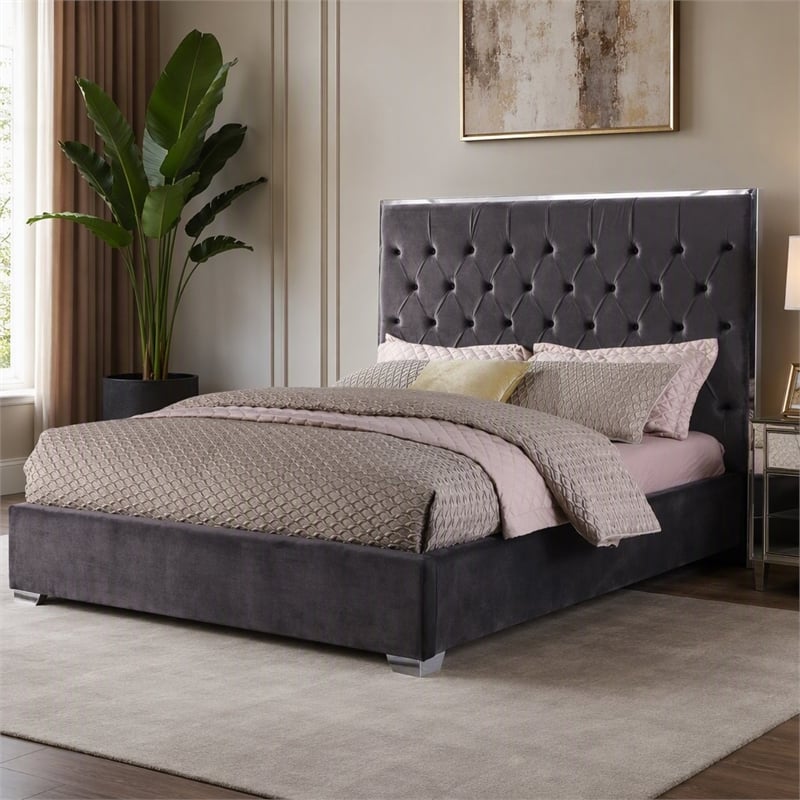 Pemberly Row Tufted Cali King Velour Platform Bed with Chrome Frame in Grey