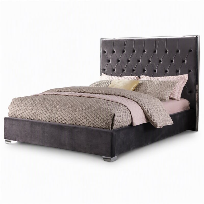 Pemberly Row Tufted Cali King Velour Platform Bed with Chrome Frame in Grey