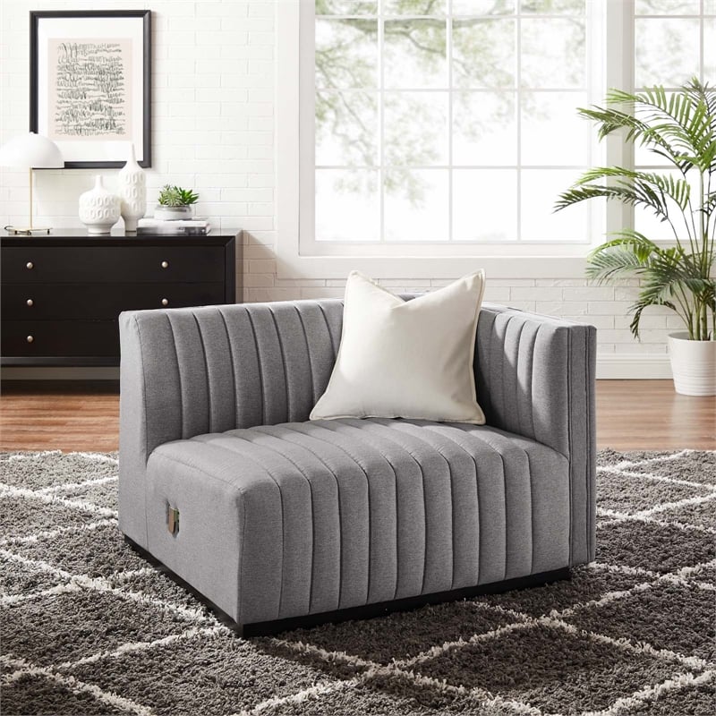Pemberly Row Modern Channel Tufted Right-Arm Chair in Light Gray