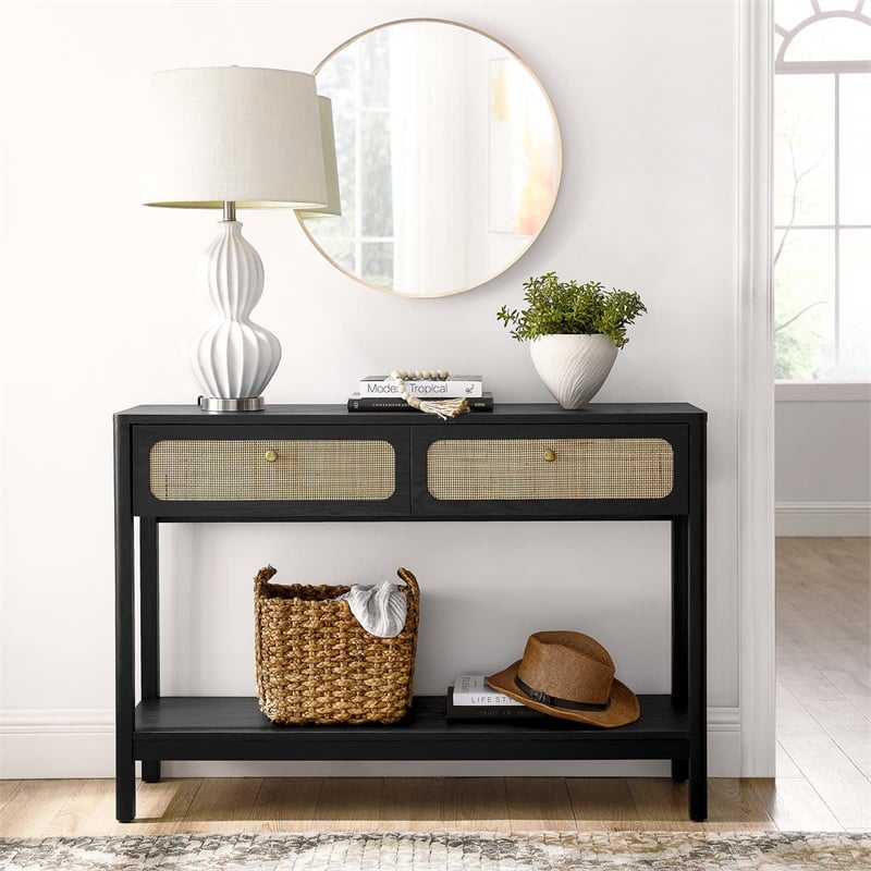 Pemberly Row Wood Console Table with Full-Glide Drawers in Black