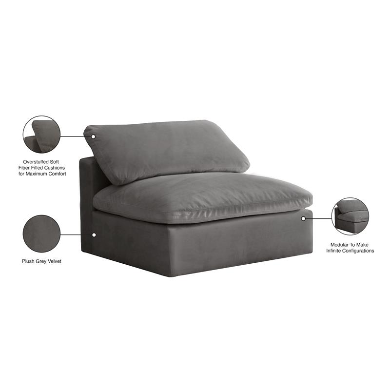 Pemberly Row Modular Gray Velvet Armless Chair with Fiber Cushions