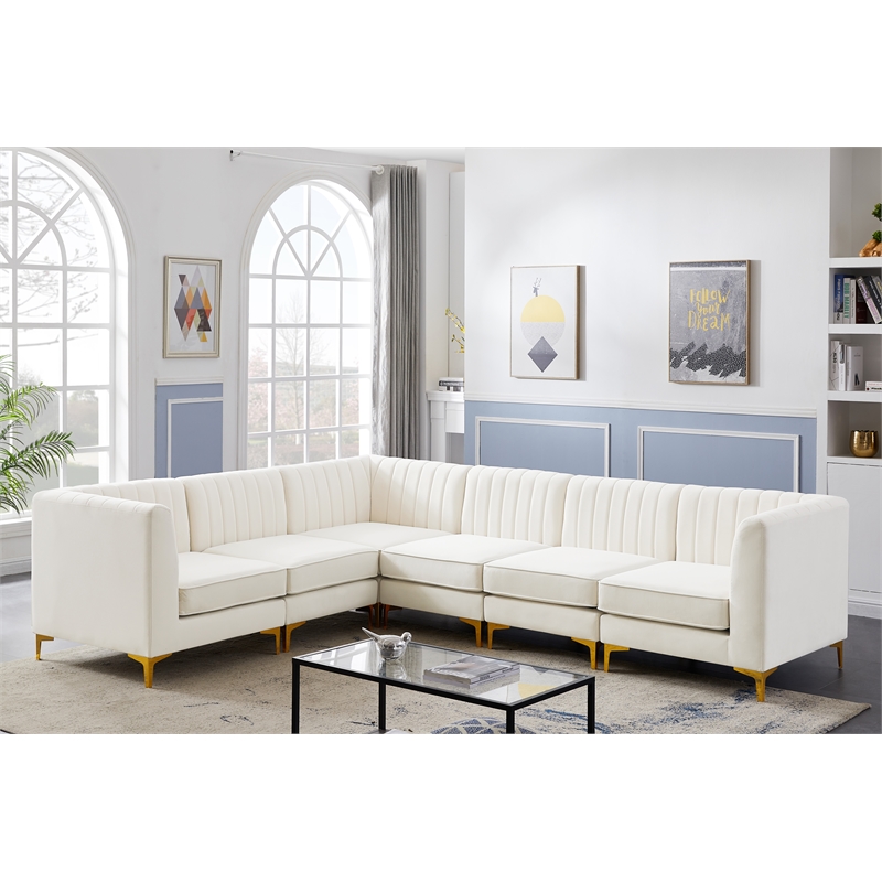 Pemberly Row Modular Cream Velvet Sectional with Channel Tufting