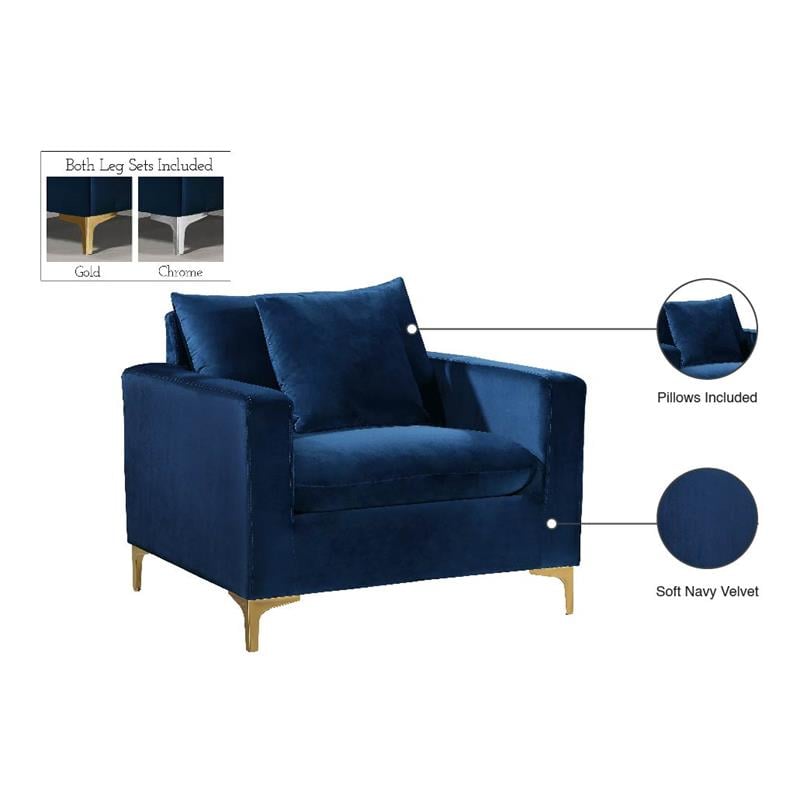 Pemberly Row Velvet Accent Chair with Chrome and Gold Legs in Navy