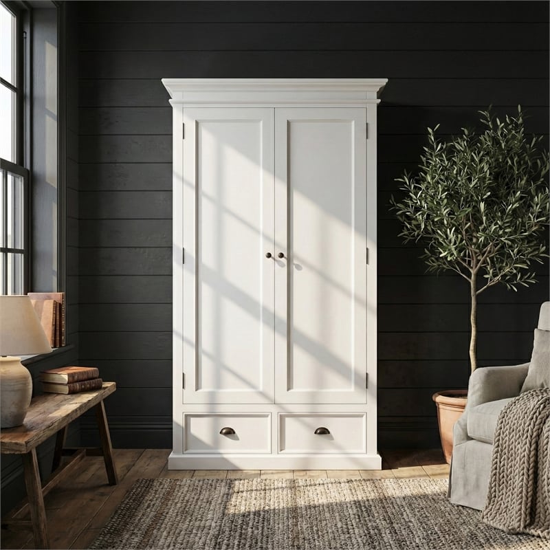 pemberly row wardrobe in white mahogany with shelving and drawers