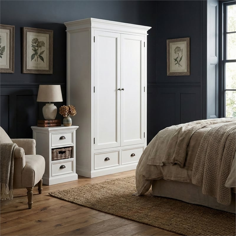 Pemberly Row Wardrobe in White Mahogany with Shelving and Drawers