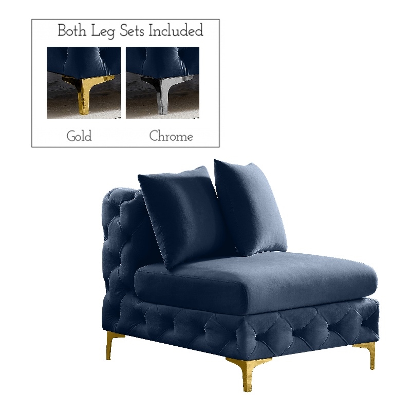 Pemberly Row Navy Velvet Armless Chair with Gold & Chrome Legs