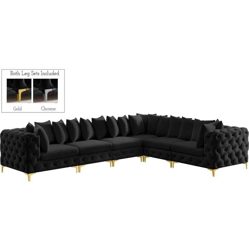 Pemberly Row Black Velvet Modular Sectional with Gold & Chrome Legs
