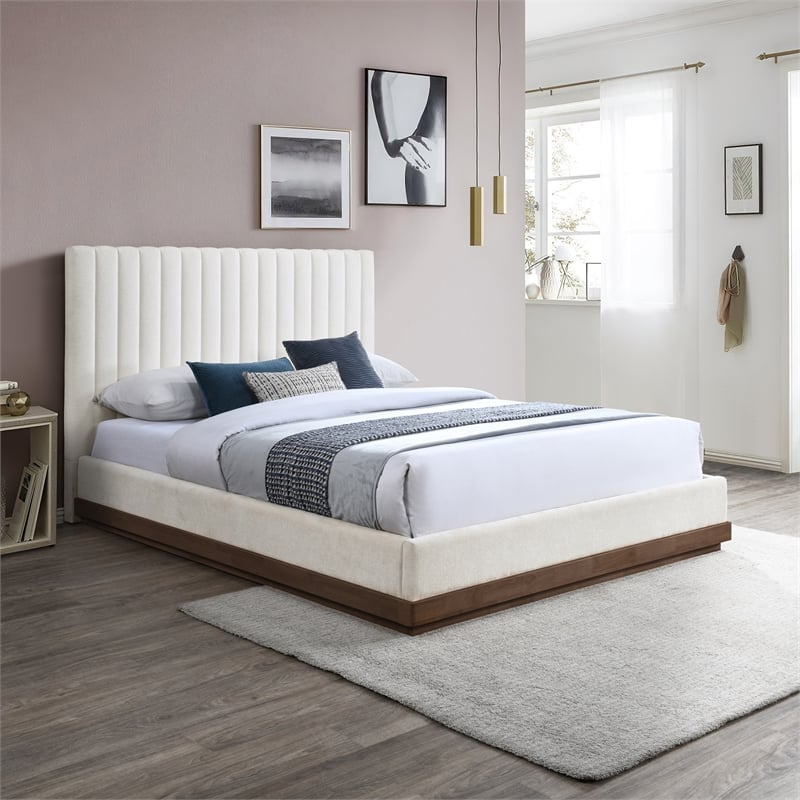 Pemberly Row Queen Bed in Cream Chenille Fabric with Walnut Finish