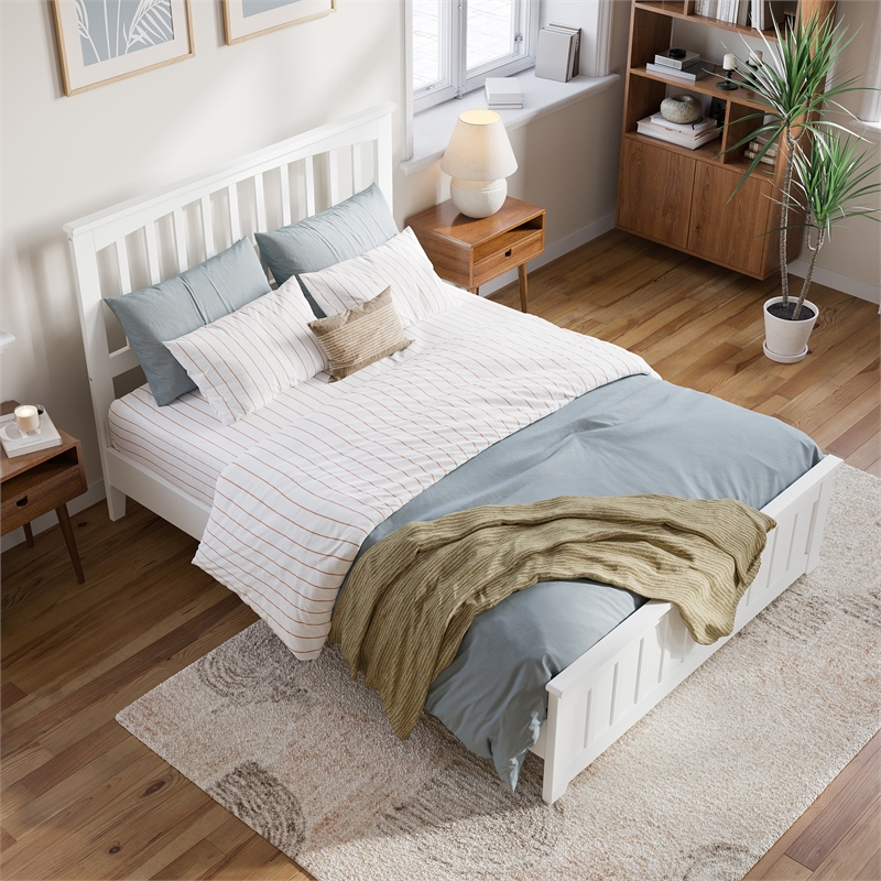 Pemberly Row Full Mission Low Profile Platform Bed with Footboard in White