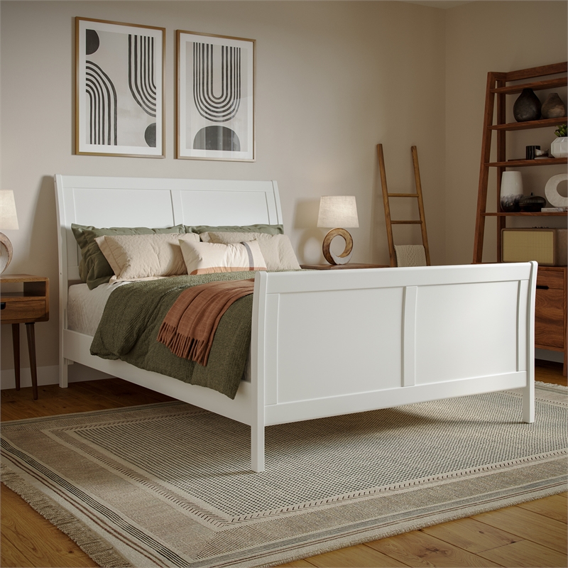 Pemberly Row Full Sleigh Low Profile Platform Bed with Footboard in White